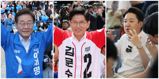 지난 5월20일 더불어민주당 이재명(사진 왼쪽부터) 대선 후보가 경기 고양 일산문화광장에서 열린 집중유세에서, 국민의힘 김문수 대선 후보가 서울 서초구 고속터미널역 인근 집중유세에서, 개혁신당 이준석 대선 후보가 광주 북구 전남대학교에서 진행된 '학식먹자 이준석' 행사에서 지지를 호소하고 있다.<연합뉴스 사진>